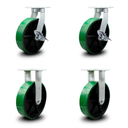 Service Caster 12 Inch Heavy Duty Green Poly on Metal Caster Swivel Lock/Brake 2 Rigid, 2PK SCC-KP92S1230-PUR-GB-SLB-BSL-2-R-2